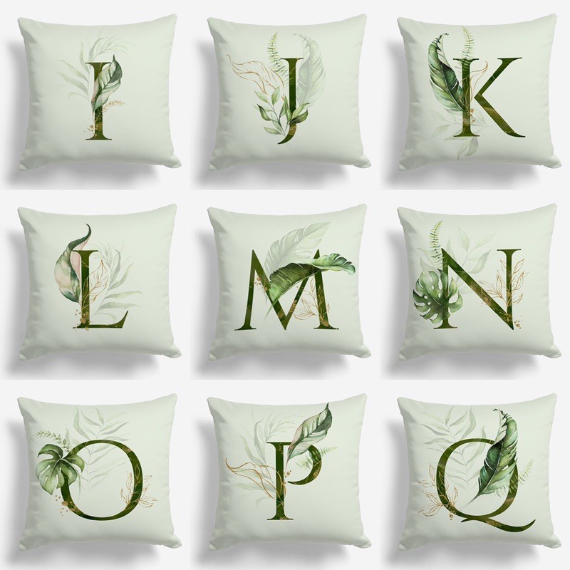 Bantal Sofa Print Motif Alphabet Huruf A-Z Motif Daun Leaves 40x40 cm - PUSAT KADO MURAH