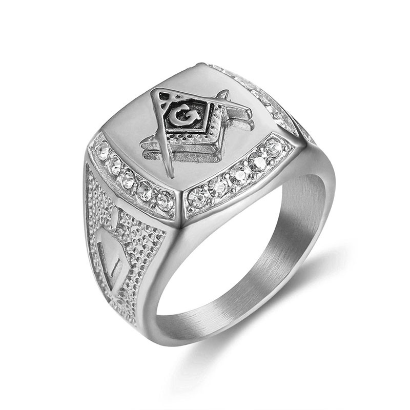 Cincin Berlian Masonic Klasik Mewah Bahan Stainless Steel Warna Emas Ukuran US 7-14