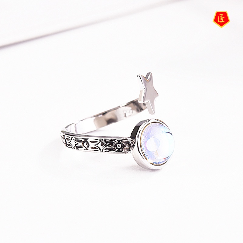 [Ready Stock]Creative Five-Pointed Star Moonstone Ring Vintage Silver Black