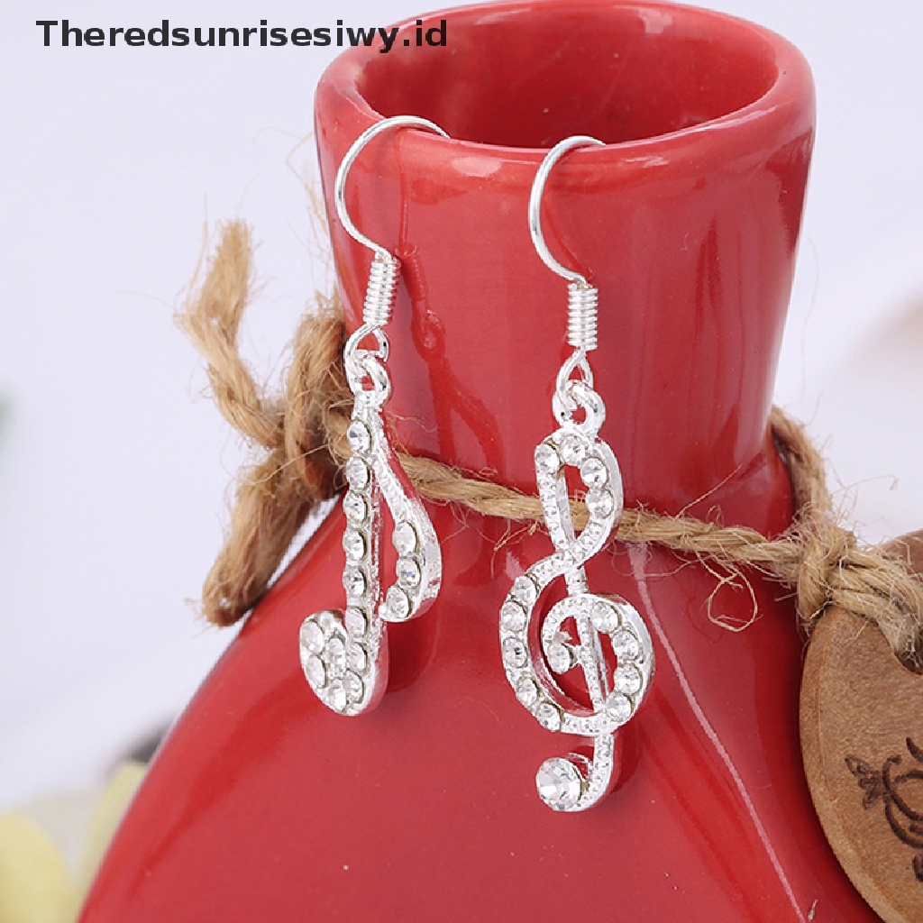 Theredsunrisesiwy.Id Anting Tusuk Gantung Silver Wanita Desain Not Musik Hias Kristal Untuk Pesta