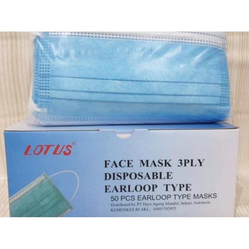 Lotus Face Disposable Mask 3Ply Masker Medis 50pcs Earloop Organic Pelindung Muka Murah 1 Box