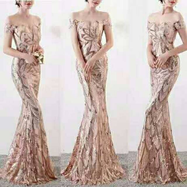 K0DE CC132 Long Dress Bahan Sequin Import