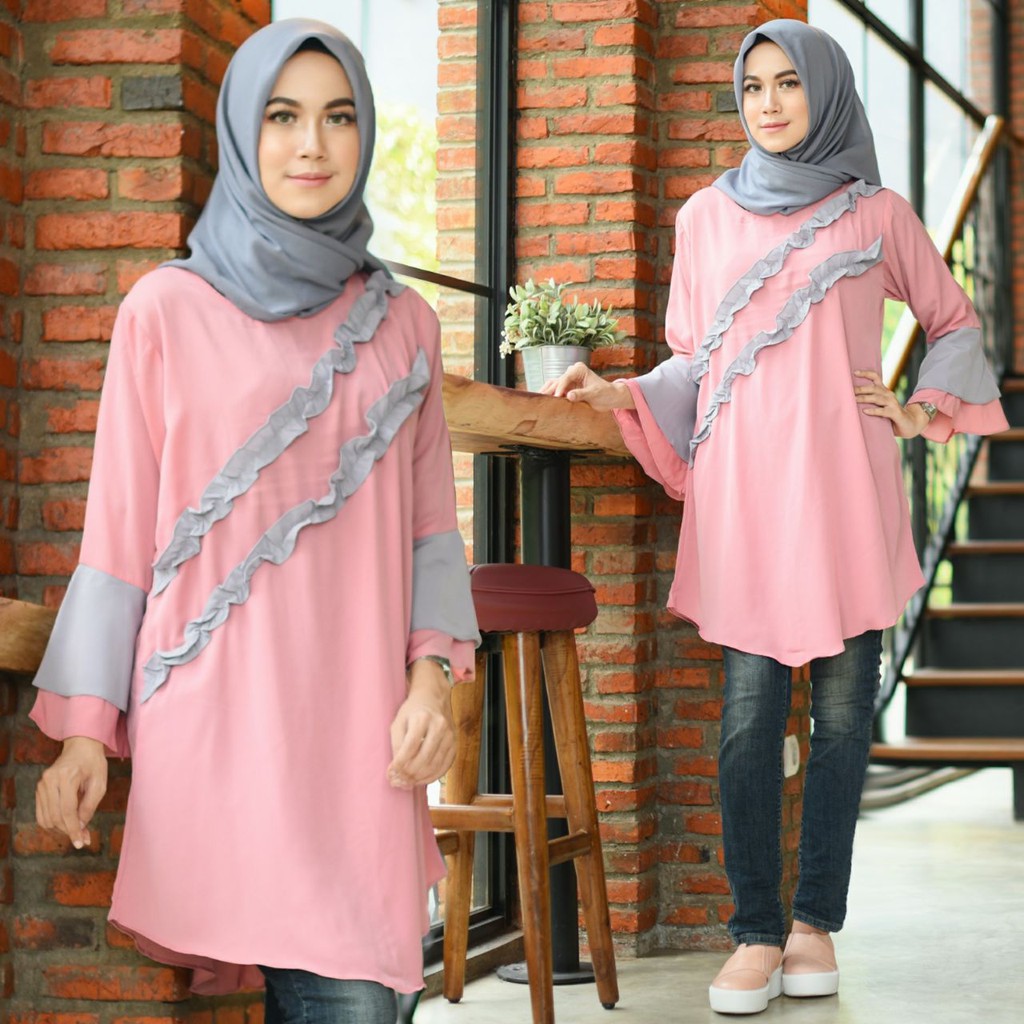 [Tunik Hesty Varian Warna SW] Tunik Wanita Wolly Crepe Abu Abu/Dusty Pink