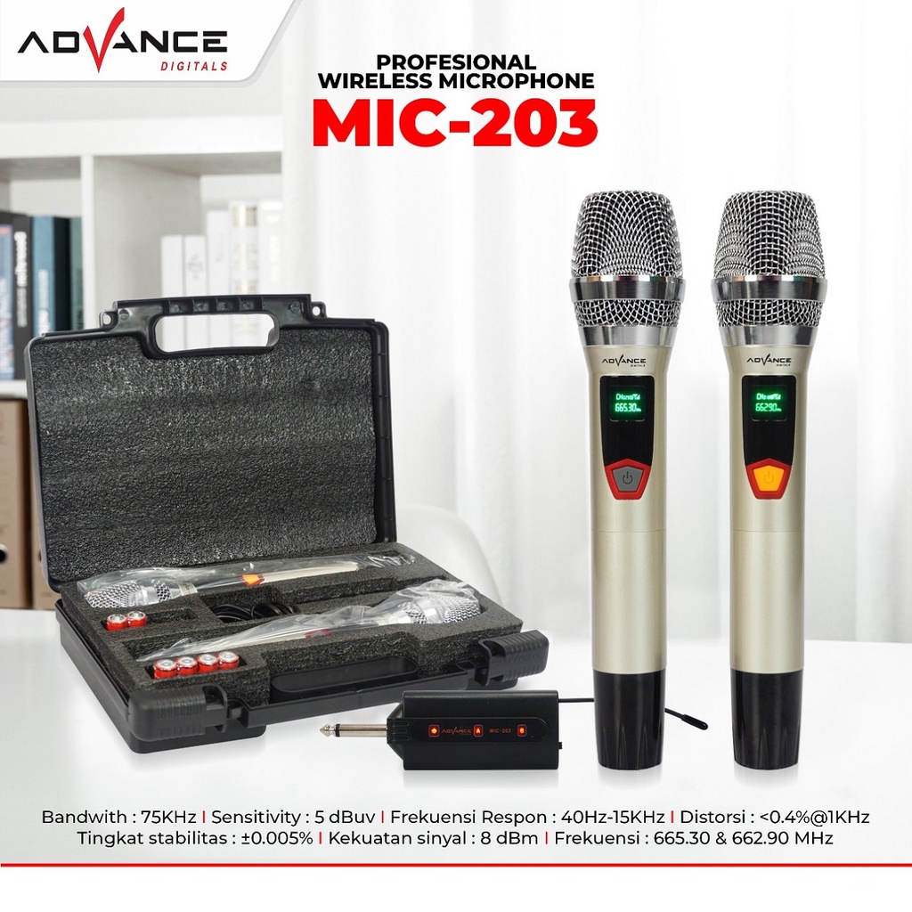 Advance MIC-203 Profesional 2 Mic Wireless Microphone Karoke Mic Duet - Mic Double Karaoke ADVANCE 203 Microphone Wireless Profesional | FMS