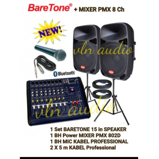 paket sound speaker BARETONE 15in + power mixer PMX 8 CH ORIGINAL