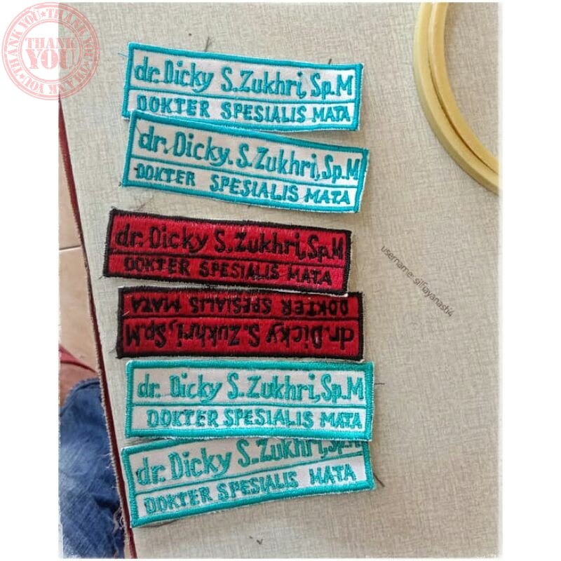 

BORDIR BET NAMA SEKOLAH / SATPAM / DOKTER / PEGAWAI ( NAME TAG ) Terbaru Bordir Nama