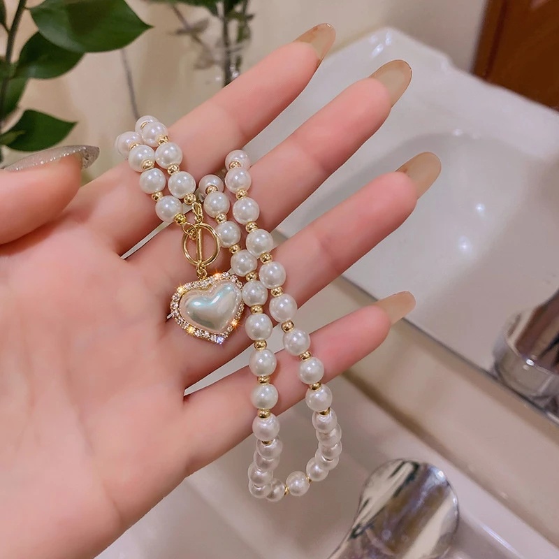 Kalung Klavikula Hias Liontin Mutiara Berlian Imitasi Bentuk Hati Gaya Korea Untuk Wanita