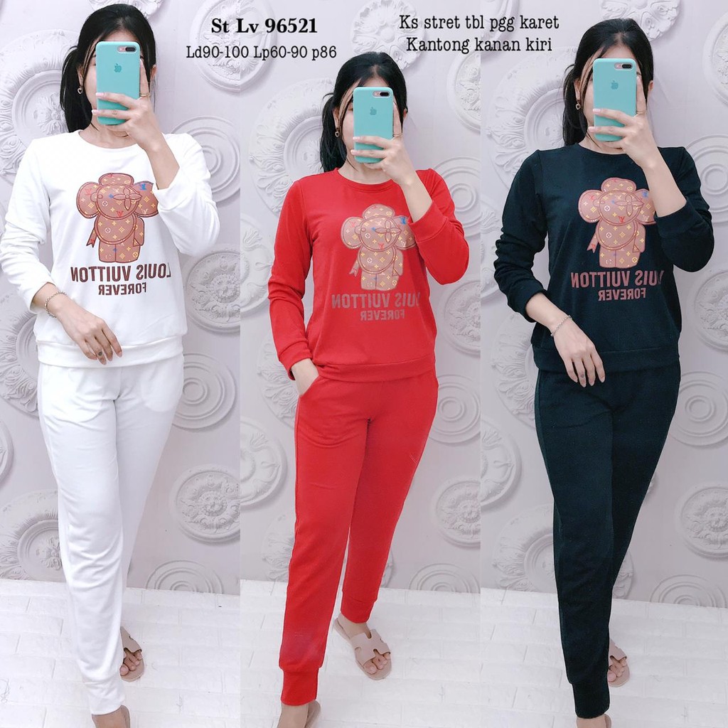 SETELAN KAOS+CELANA WANITA IMPORT PREMIUM TANGAN PANJANG LV LOUIS VUITTON 96521