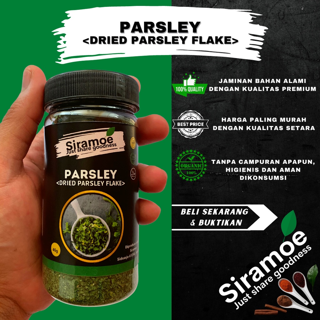 

Siramoe - Daun Parsley Flakes Peterseli Kering 35 gr Grade A USA Murni Kualitas Premium Bumbu Masak Tabur Bubuk Mpasi Organik Asli Dried Western Herbs Herbal Jurus Sehat Rasulullah Jsr Rasa Rempah Nusantara