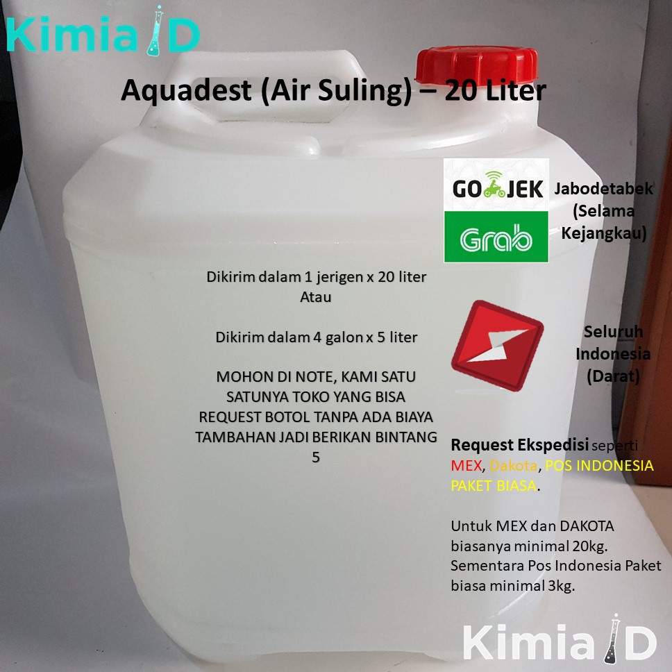 Aquadest - 20 Liter - Air Suling - Akuades - Destilled Water - Air Aki - Laboratorium - Praktikum