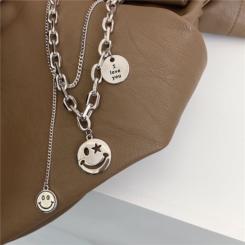 Chain Smiley Face Necklace, Double Pendant Clavicle Chain Sweater Chain