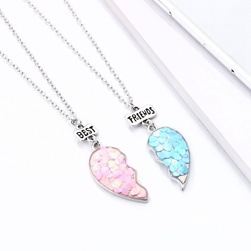 Set Kalung Rantai Liontin Hati Sequin Batu Magnet BFF Good Friend Untuk Anak Perempuan