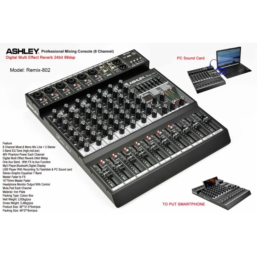 Mixer 8 Channel Ashley Remix 802 Remix802 Effect Reverb Soundcard Equalizer USB