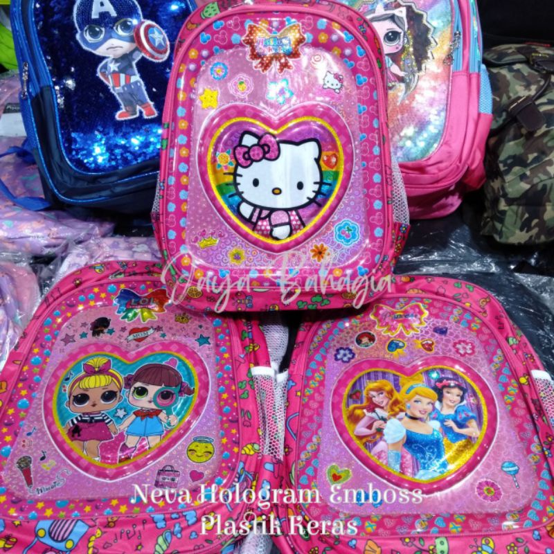 Ransel Neva Batok Hologram Hellokitty Lol Princess Emboss Plastik Keras Tas Sekolah Anak Perempuan TK SD