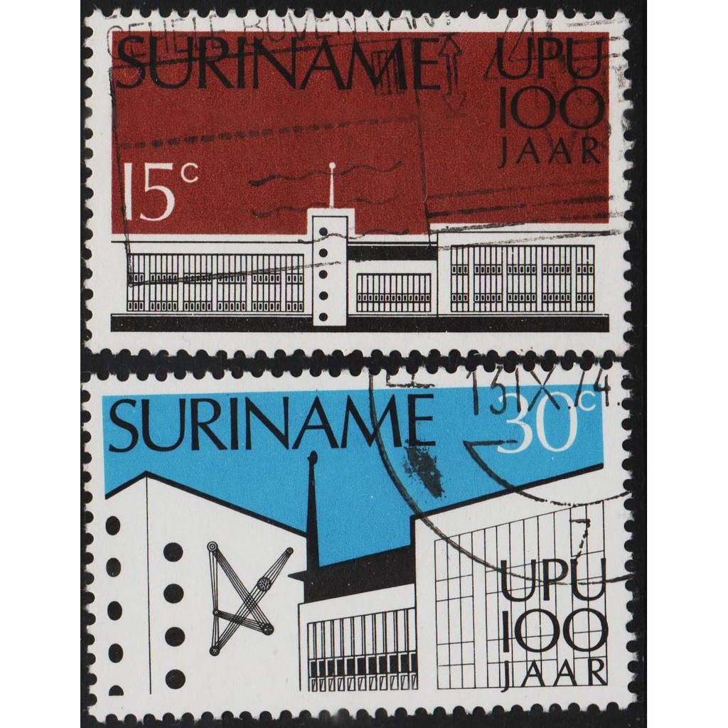 

Perangko Filateli A4-133 suriname VFU 2v 11.09.1974 The 100th Anniversary of universal postal