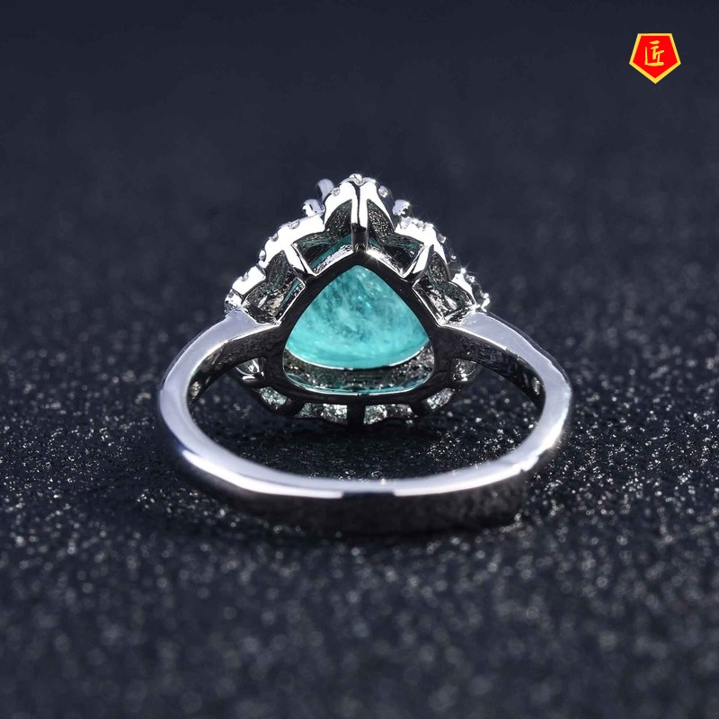[Ready Stock]Fashion Triangle Green Colored Gems Necklace Ring Earings Set