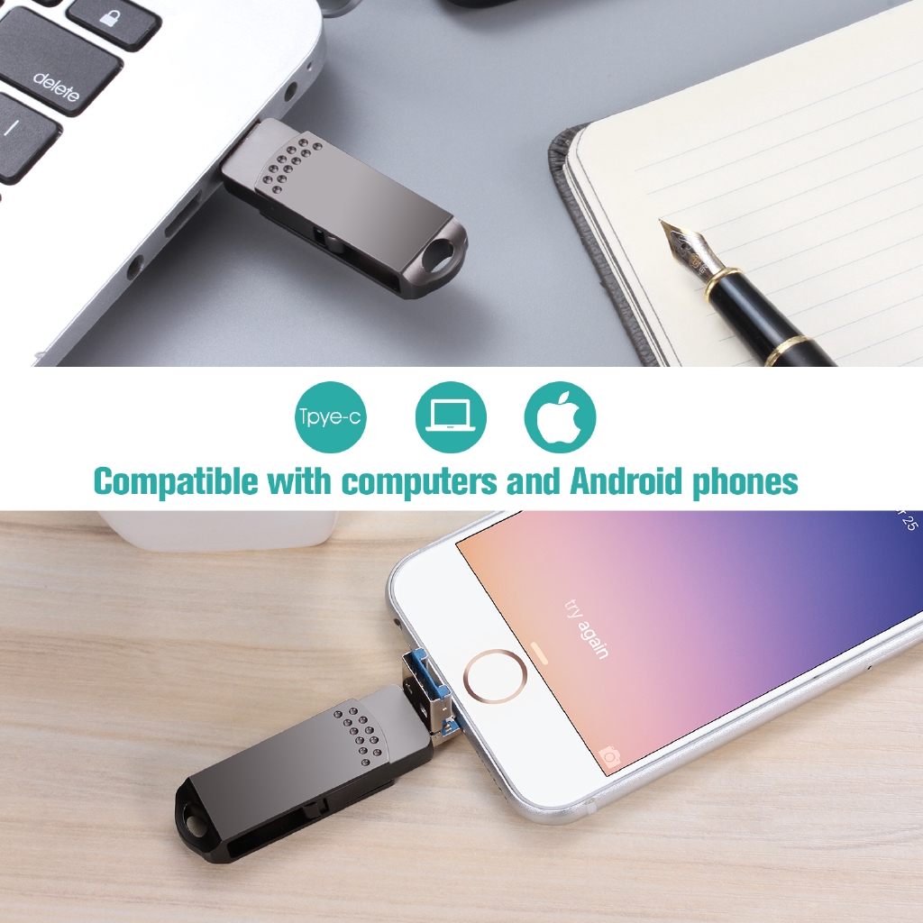 3 in 1 Flash Drive 512GB Pen Drive for ios TYPE-C Pendrive Laptop smart phone