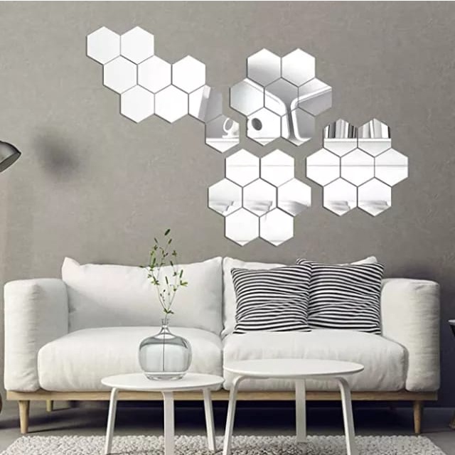 Kaca Cermin Tempel Hexagonal Sticker Mirror Hexagonal Segi Empat / Sticker Kaca Tempel Hexagonal