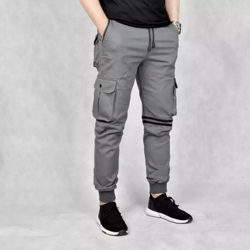  celana  jogger cargo  strip hitam mocca  abu Shopee 