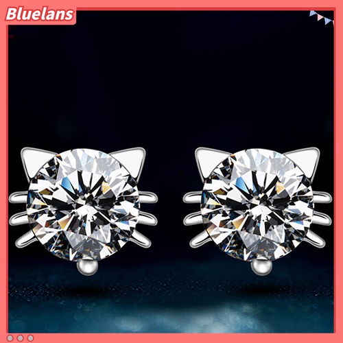 Anting Stud 925 Sterling Silver Bentuk Kucing Aksen Zirkon Untuk Perempuan