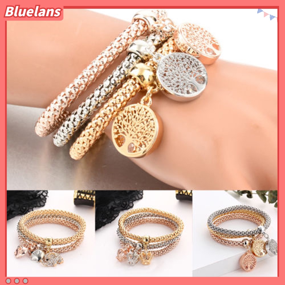 Bluelans 3Pcs Women Fashion Owl Tree Bracelets Rhinestone Pendant Bangle Jewelry Gift