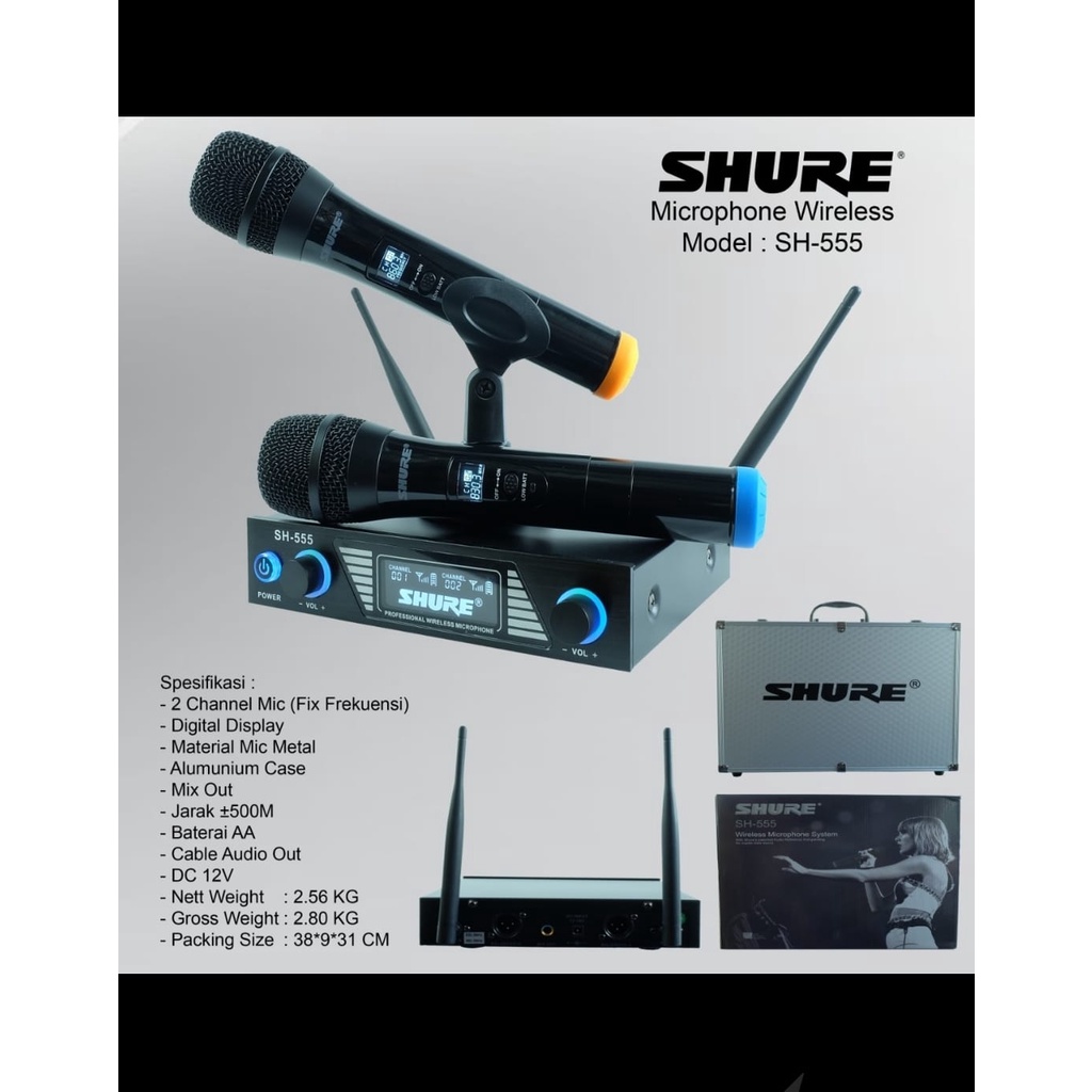 MIC WIRELESS SHURE SH555/SH 555 FREE KOPER ( 2MIC PEGANG )