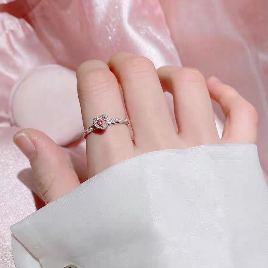 Disney Cincin 925 Silver Bentuk Hati Aksen Cubic Zirconia Warna Pink Ukuran Adjustable