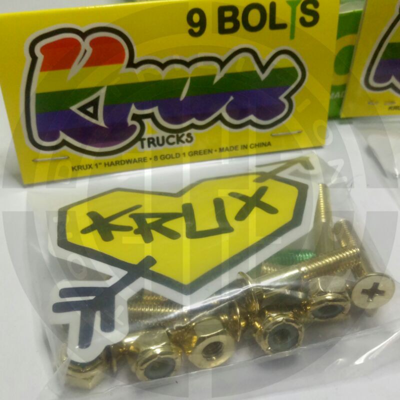 KRUX Krome 1in Phillips Hardware Skateboard Gold/Green (9 Bolts)