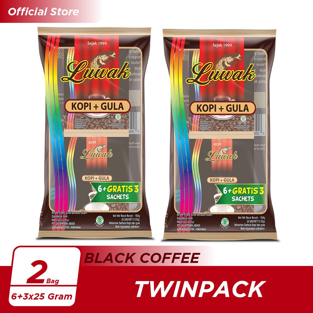 

Kopi Luwak Plus Gula Black Coffee Bag (6+3)x25gr Twin Pack