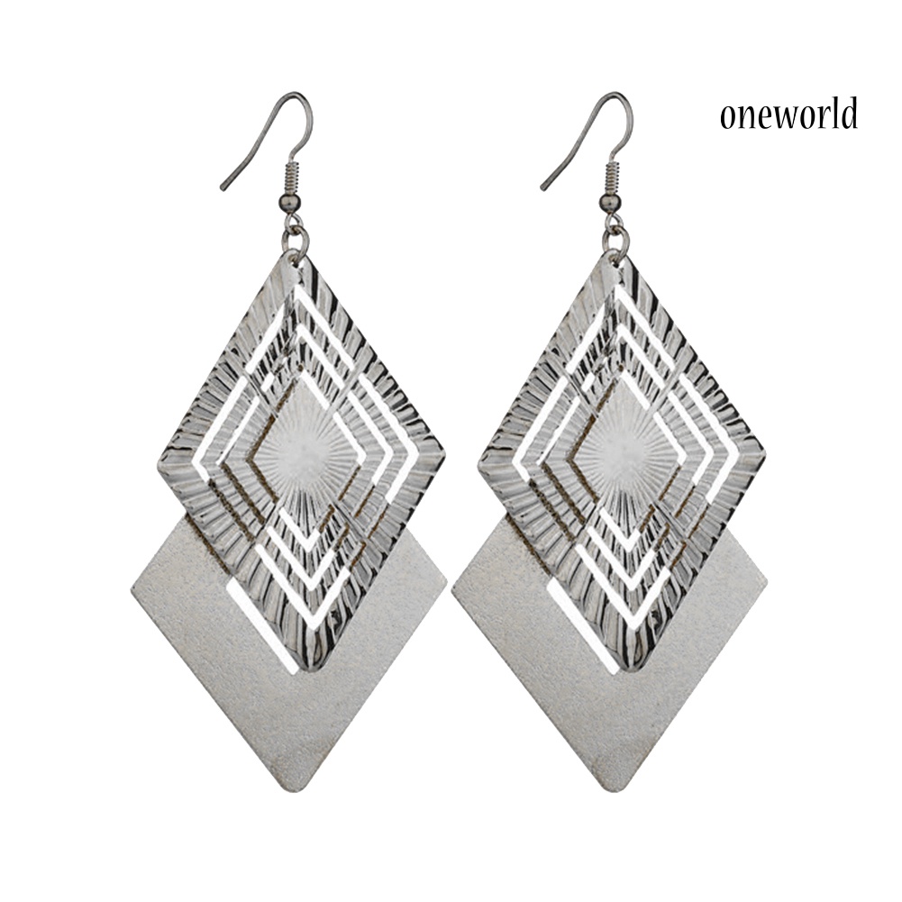 OW@ Fashion Matte Hollow Double Layer Jewelry Rhombus Long Dangle Hook Earrings