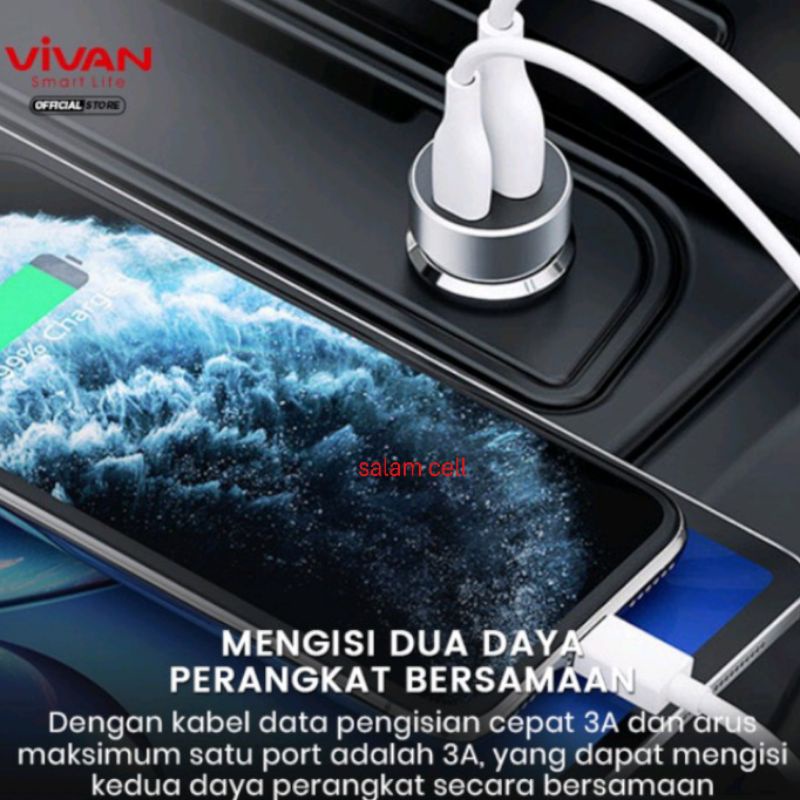 Car Charger VIVAN Casan Mobil 2 Ports USB-A 69% &amp; Type C 20W 3A QC3.0 PD Fast Charging Garansi 1 Tahun