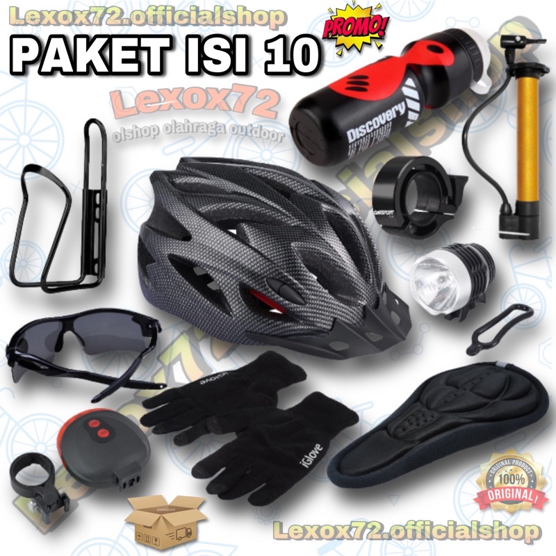 Paket Bersepeda lengkap _ Helm Sepeda MTB original taffsport + aksesoris sepeda (isi 10pcs barang)