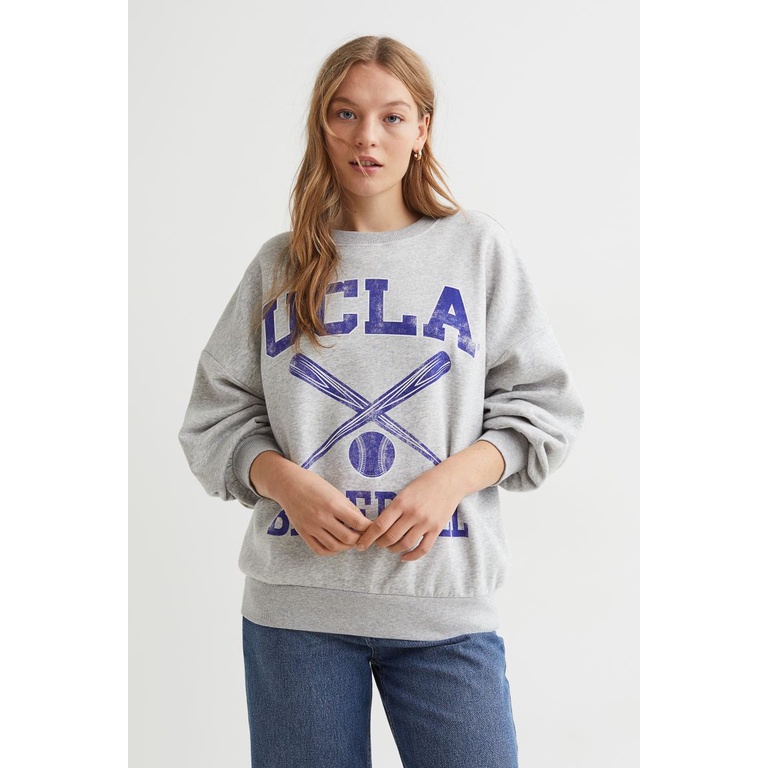 Crewneck H&amp;M Ucla baseball grey Sweater ucla wanita pria abu abu