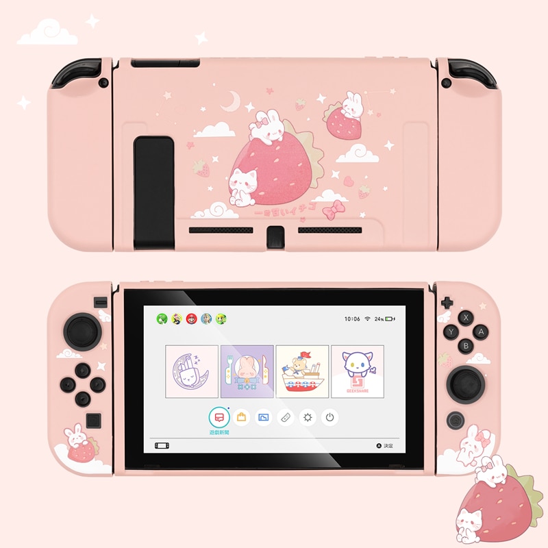 Casing Soft Case Tpu Motif Strawberry / Kelinci Warna Pink Untuk Nintendo Switch