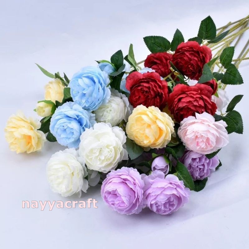 bunga peony artificial tangkai 3 cabang flower bunga artifisial Kepala bunga peony artifisial besar