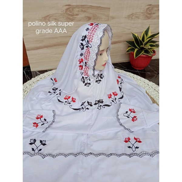 Mukena lajuran terusan bordir bahan polino super silk/ Polino Silk Grade AAA, Bordir Manual