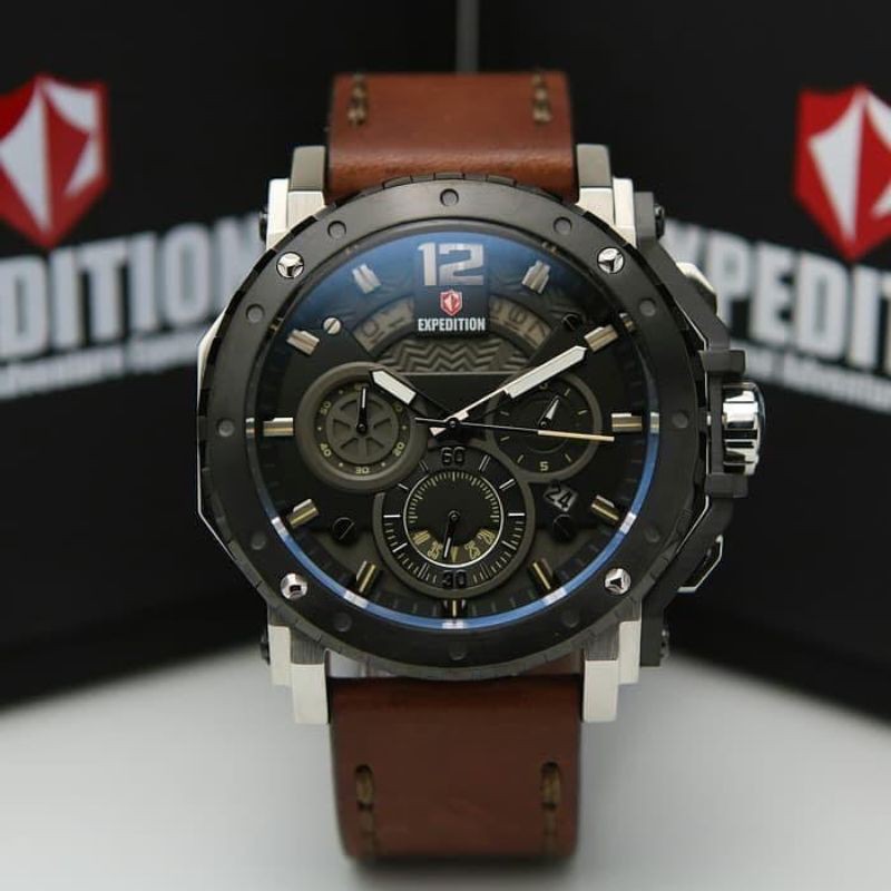 Jam Tangan Expedition E6402M Black Silver Strap Brown Original