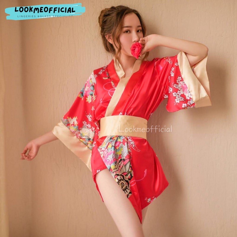 Keiko Set Kimono Motif Bunga Sakura Satin Silk Women Bathrobe Japanese Style Costume Yukata Saten Je