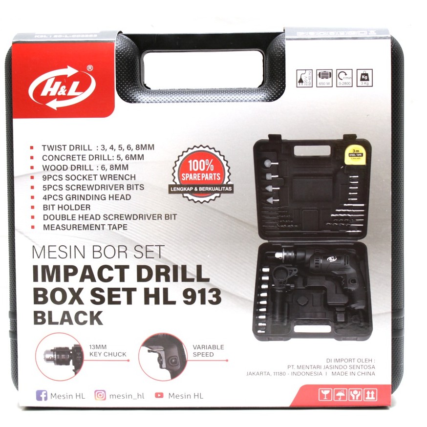 Mesin Bor Listrik Set H&amp;L 13mm Impact Drill Box Set Komplit HnL HL913