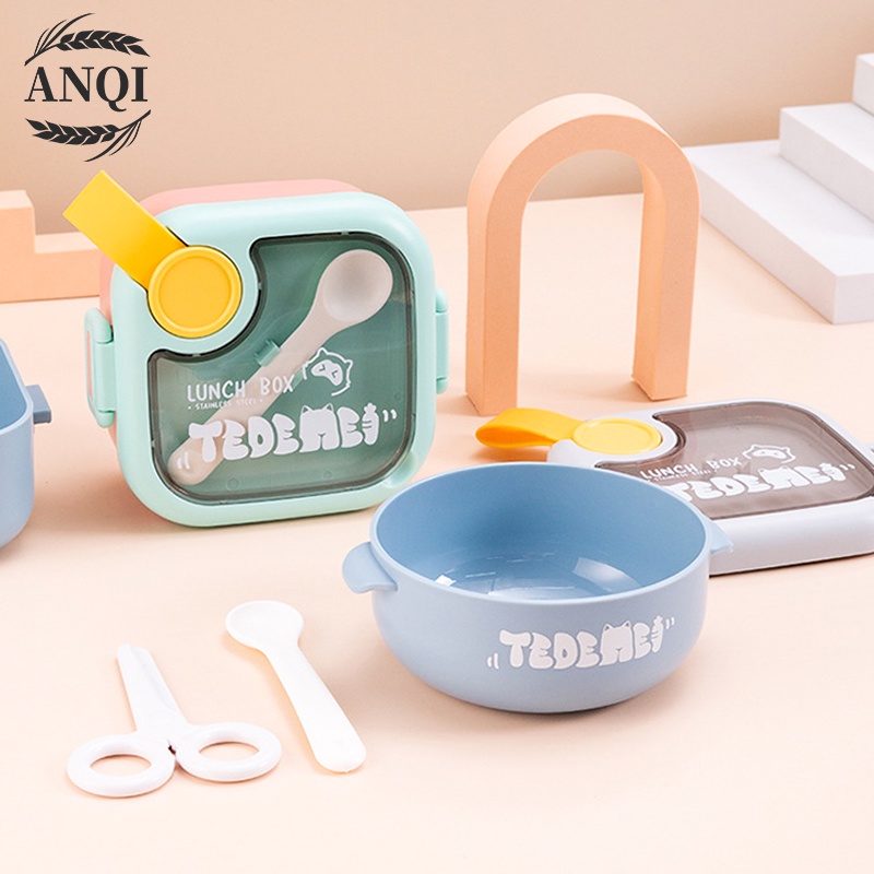 ANQI 1888 4 Pcs Lunch Box Set /2 Kotak Makan/Free Sendok/Anak Anti Bocor Kotak Makan VS-79