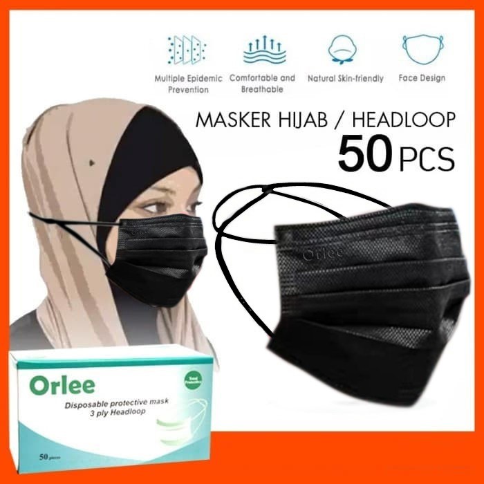 Masker Headloop Hijab 3 Ply ORLEE Full Black  Hitam