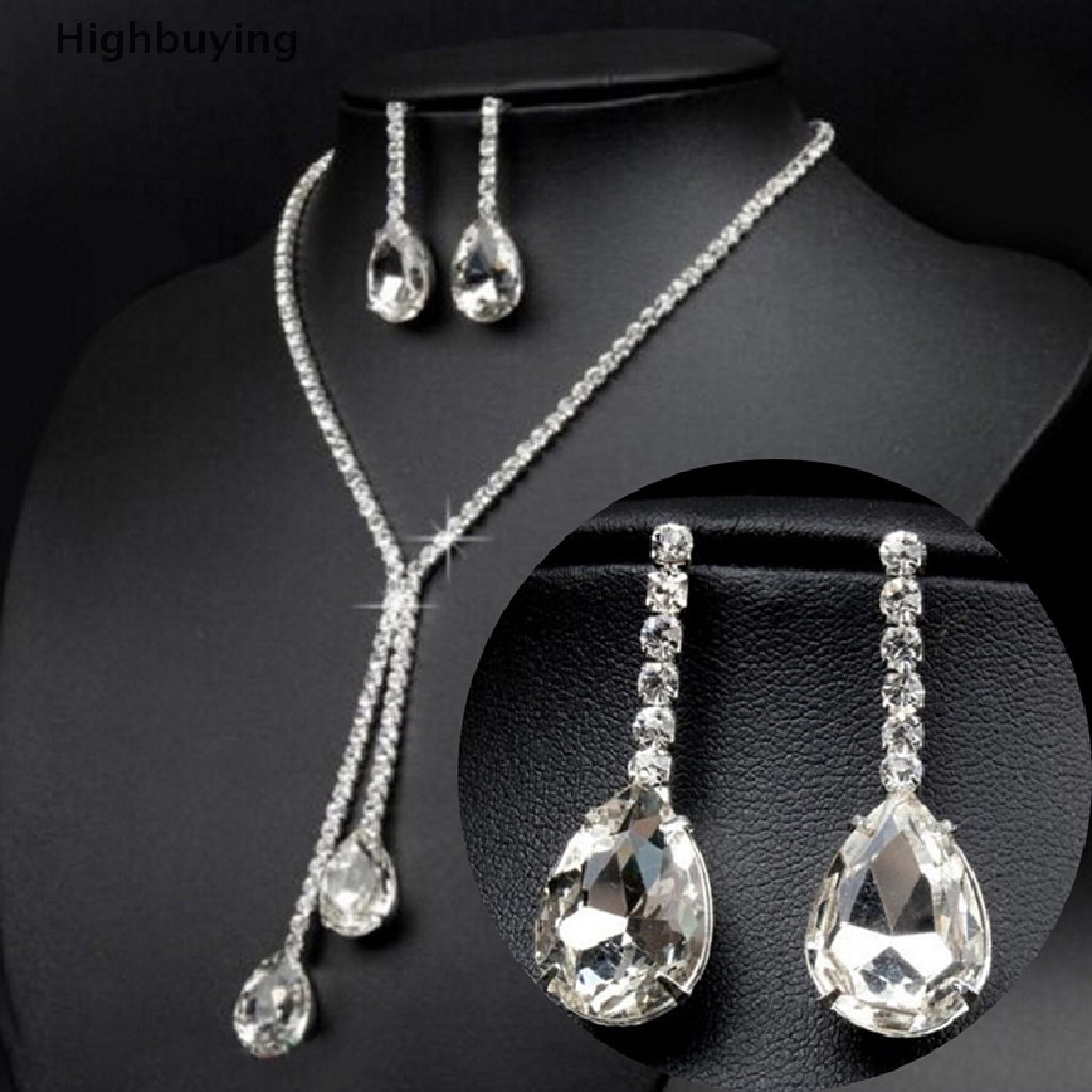 Hbid Set Kalung + Anting Gantung Kristal Berlian Imitasi Bentuk Tetesan Air Mewah Untuk Wanita