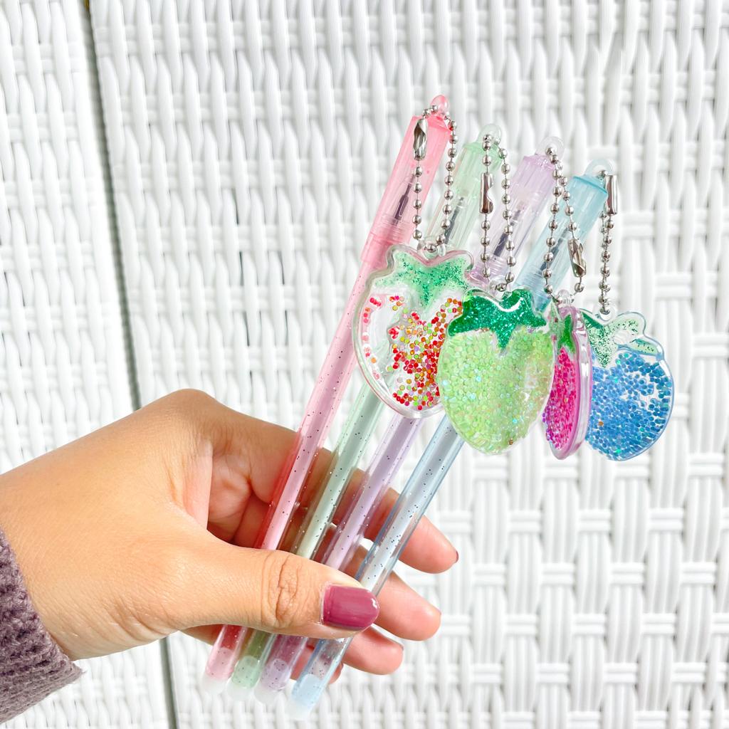 PULPEN GANTUNGAN BUAH STROBERI GLITTER MANIK READY 4 WARNA PEN LUCU UNIK HARGA TERMURAH BISA GROSIR & COD