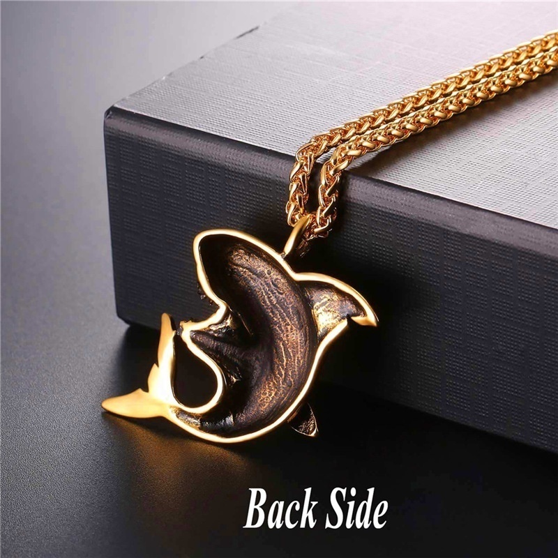 Kalung Liontin Bentuk Hiu Warna Silver / Gold / Hitam Gaya Rock Hip Hop Untuk Pria