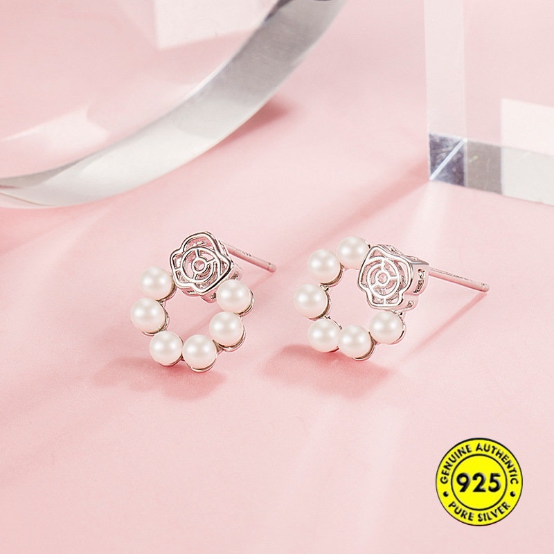 Anting Tusuk Sterling Silver 925 Model Bunga Mawar Dengan Mutiara Untuk Wanita U929