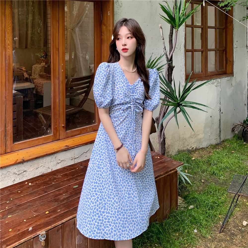 pakaian wanita korea COD Fashion New 2022 daster kerut dada Korean Style dress Blue Green Floral Lace-up Waist Short Sleeve Drawstring V Neck Midi dress biru for Women Summer A-Line tunik Casual Dresses biru  dress wanita 2023 korea