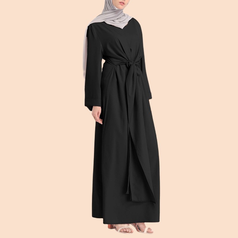 [PRINCESS KESLI]Wanita Lengan Panjang Iregular Belted Swing Dress Panjang Muslim