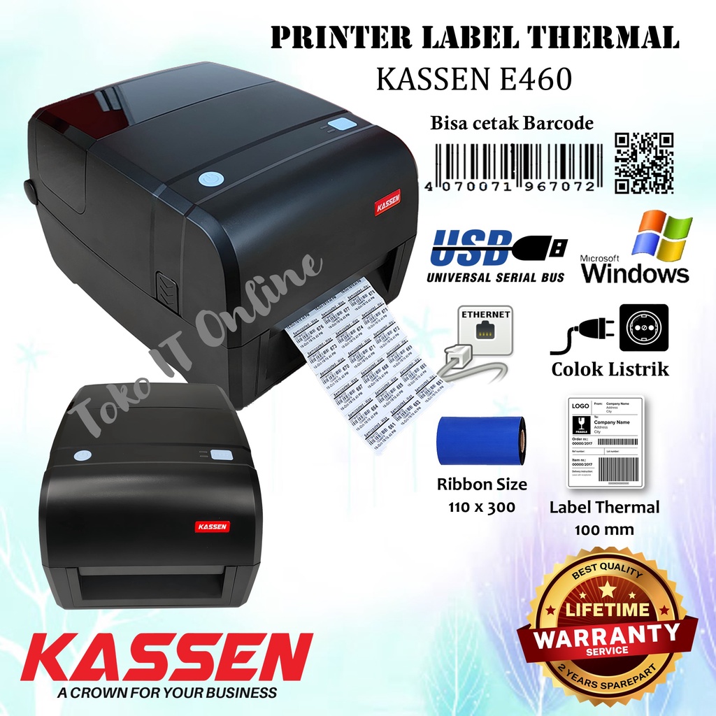 Printer Barcode Kassen E460 USB LAN Cetak Label Stiker Nama Harga Barang Minimarket Hang Tag Baju Resi Marketplace Expedisi JNE JNT E 460 Ribbon Wax Ressin E-460 Free Holder External