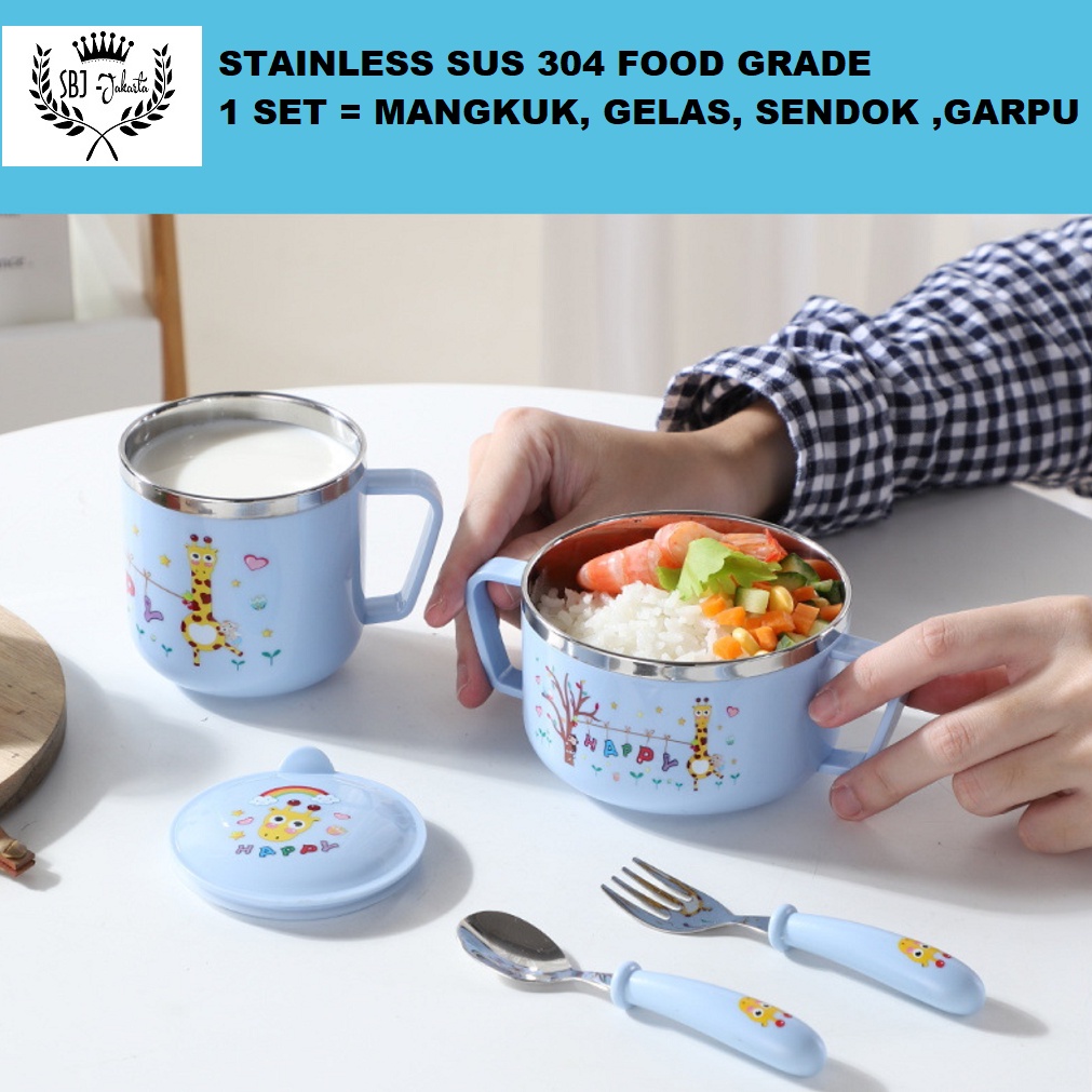 Stainless 304 SUS BPA Free Set Piring Gelas alat makan anak Tableware Peralatan makan anak