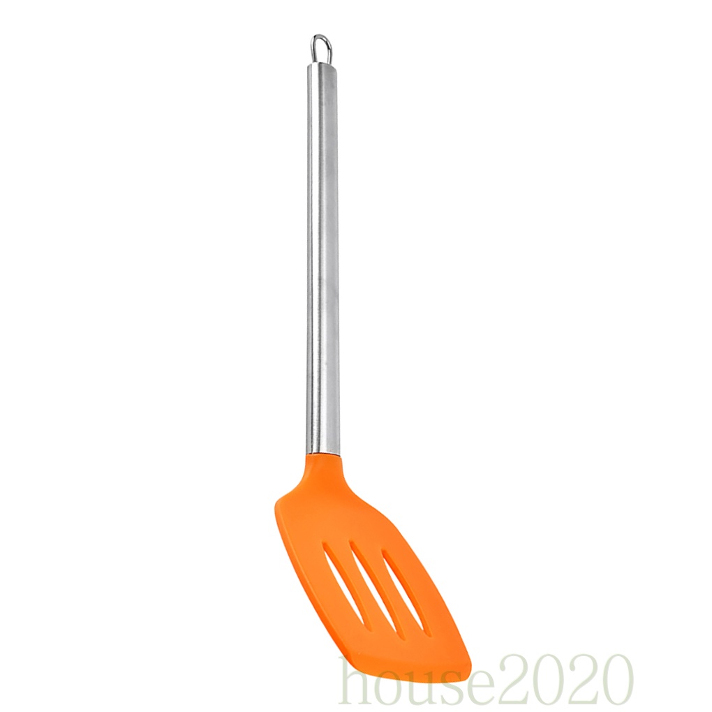 (House2020) Spatula Slotted Turner Bahan Silikon Flexible Warna Oranye